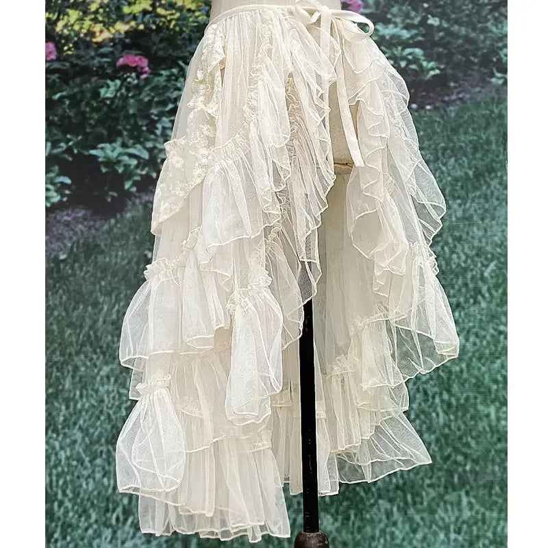 Women Double Layered Lolita Temperament Waist Curtain Sheer Cover Up High Low Skirt w. Asymmetrical Ruffles Skirts 2024 New
