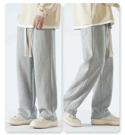 New Men's Casual Pants Wide Leg Straight 65% Cotton Fabric Outdoor Sweatpants Neutral High-quality Soft Long Baggy Trousers