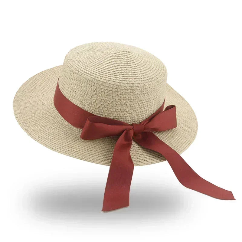 Bucket hat beach summer straw hats for women flat top ribbon bowknot elegant luxury sombreros de mujer