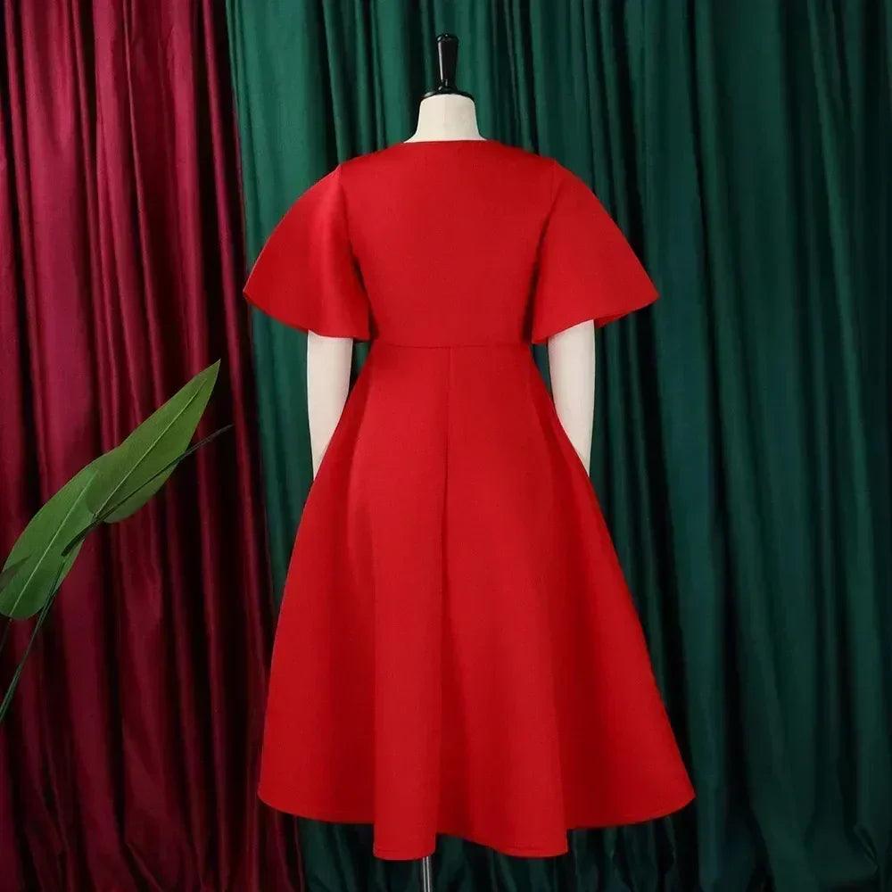 Elegant party dresses for women v neck ruffles sleeve high waisted pleated mid calf luxury birthday dinner vestidos