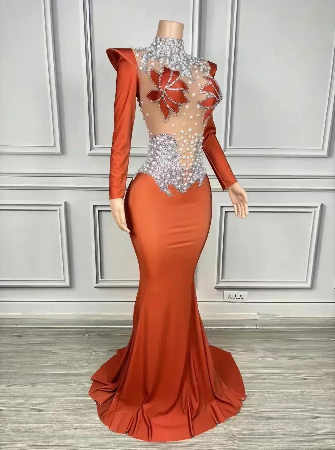 Women luxury evening party elegant gowns sing stage performance costume white pearls see through mesh maxi long dresses
