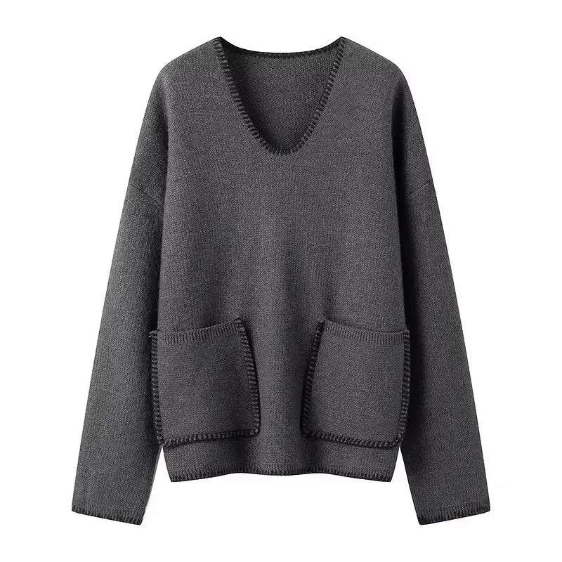 Grey Cropped Sweaters For Women Autumn Winter Knitted Sweater Woman Long Sleeve V Neck Knit Top Pullover Short Sweaters