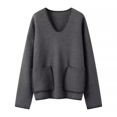 Grey Cropped Sweaters For Women Autumn Winter Knitted Sweater Woman Long Sleeve V Neck Knit Top Pullover Short Sweaters