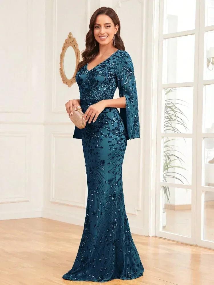 Luxury champagne evening dresses for women 2025 long sleeve mermaid formal sequins v-neck prom wedding party graduation