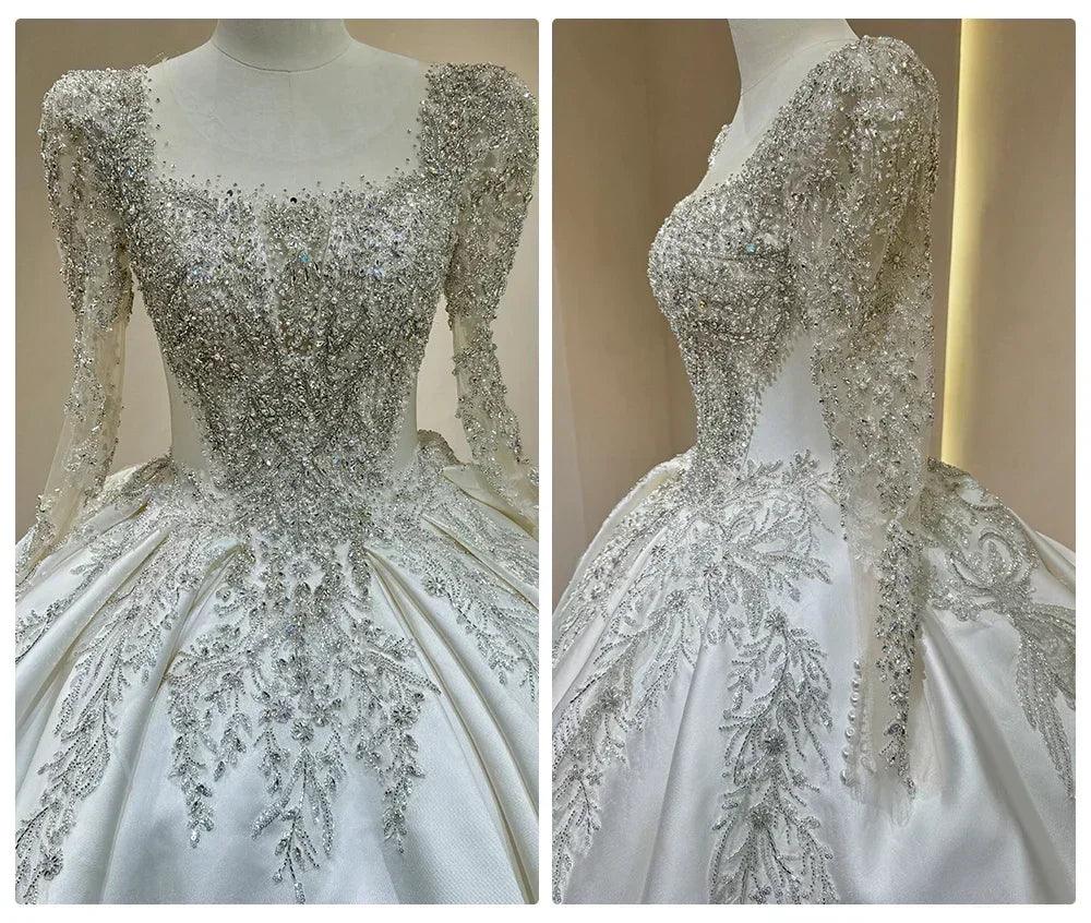 Wedding dress with sparkling embellishments and long trains delicate lace