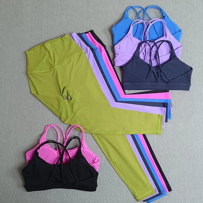 2 Pcs Gym Tights Yoga Clothes Set Sports Set Women Cross Back Bra Top High Waist Leggings Fitness Suit Running Workout Tracksuit