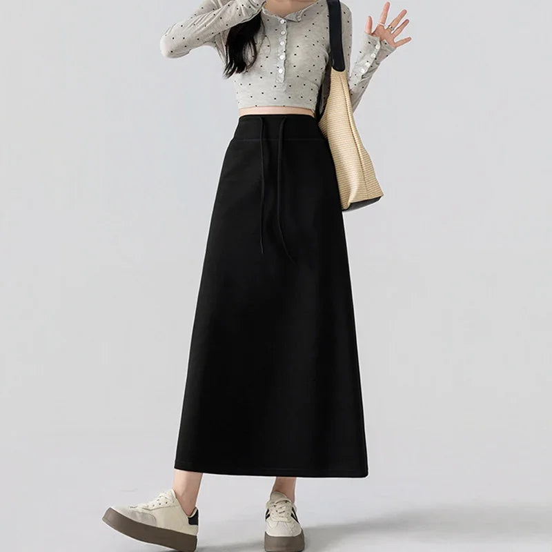 Simple Solid Color Long Skirts for Women Autmn Winter Chic Back Slit A-Line Midi Skirt Elegant Drawstring All Match Maxi Skirts