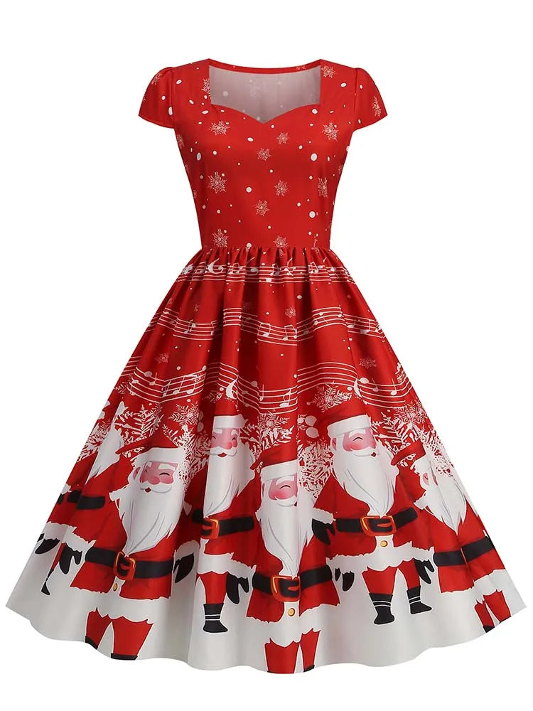 Christmas Dresses for Women Winter Pinup Rockabilly Sexy Cosplay Party Dress Santa Claus Snow Print Cocktail Prom Dress