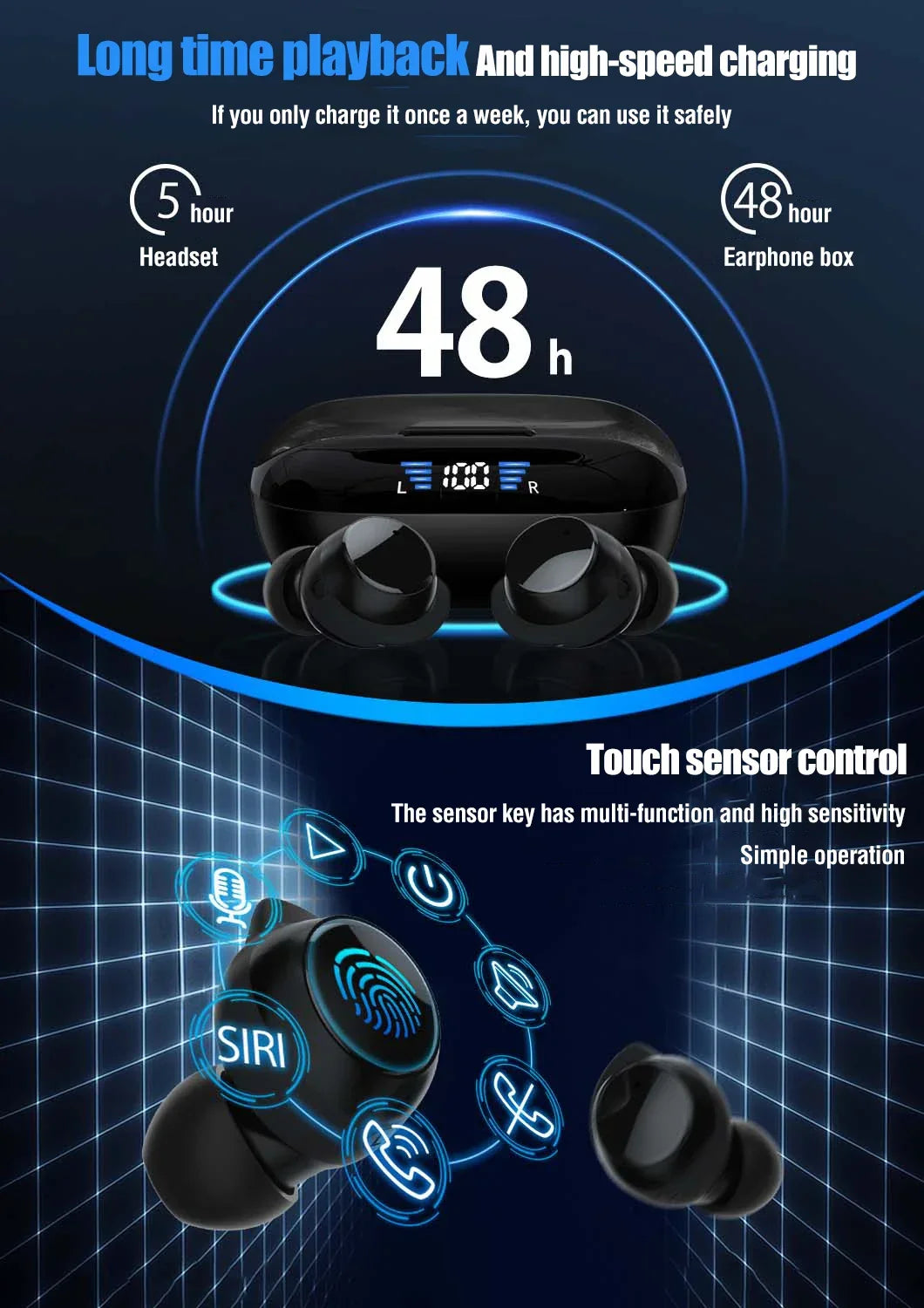 Wireless Earbuds Wireless 5.3 Headphones 48Hrs Music Bluetooth Earphones with Charging Case in Ear Headset with Mic LCD Display