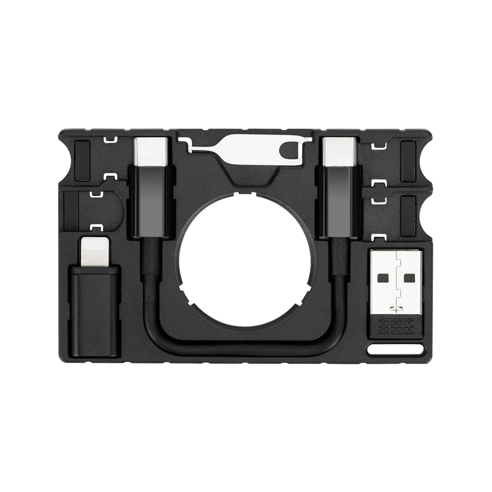 Black plastic lens cap with white accents for multi-functional AirTag wallet holder