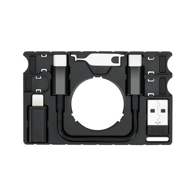 Black plastic lens cap with white accents for multi-functional AirTag wallet holder