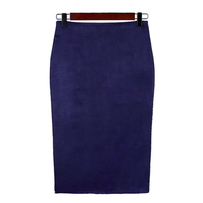 Women's suede solid color pencil skirt, spring and summer high waisted tight fitting retro suede split thick elastic skirt