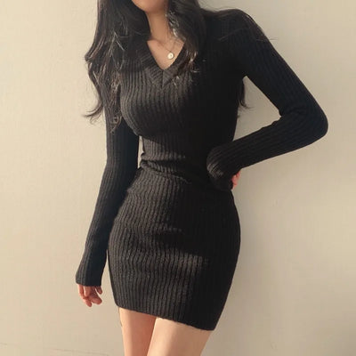 Fashion Vintage Autumn New Women's  Clothing V-neck Knitted Dress Elegant Slim-fitting Long-sleeved Knitwear Skirt