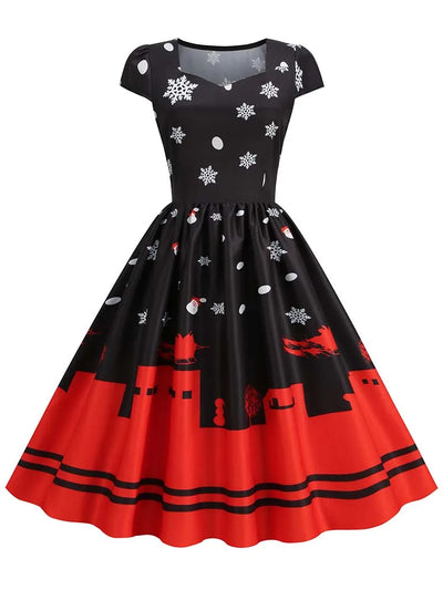 Christmas Dresses for Women Winter Pinup Rockabilly Sexy Cosplay Party Dress Santa Claus Snow Print Cocktail Prom Dress