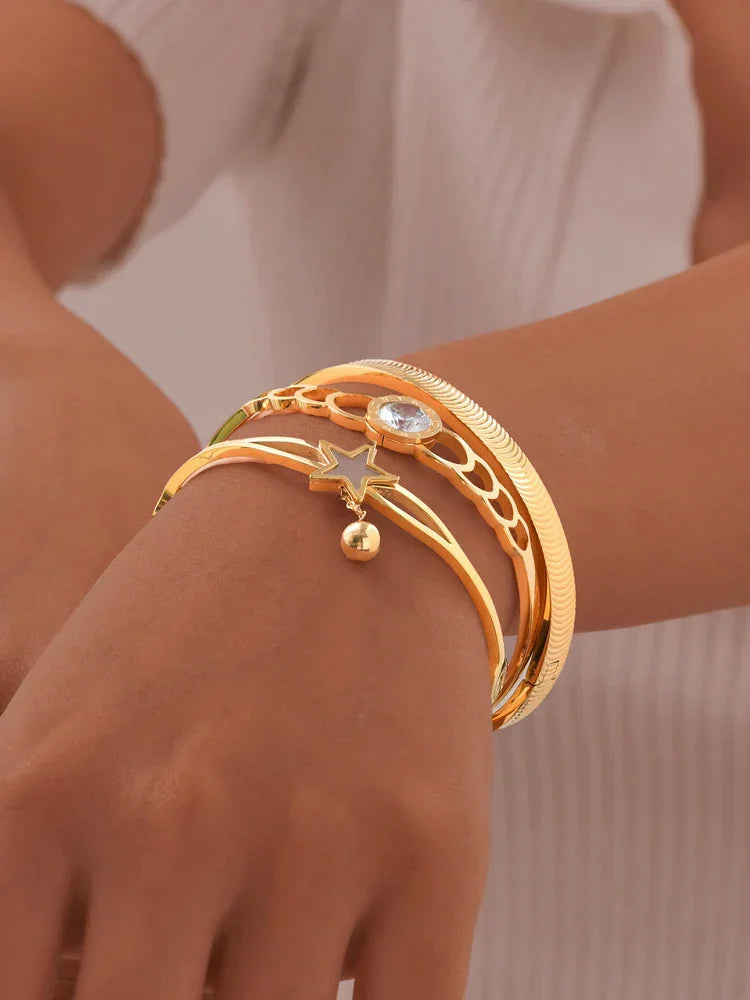 Statement Bangles Gold Plated, Star With Ball Charms Roman Numeral Rhinestone Bracelet, Elegant Party Jewelry for Women