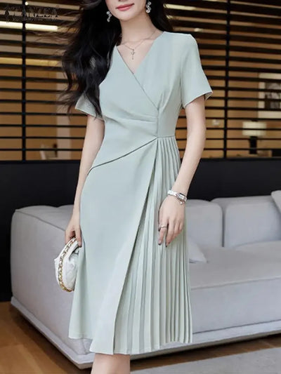 Summer Women Elegant OL Work Sundress V Nek Party Dress 2024 ZANZEA Fashion Short Sleeve Robe Femme Solid Pleated Midi Vestidos