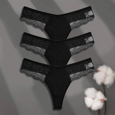 FINETOO 3Pcs Women's Cotton Underwear Lace Thongs Sexy Solid Color Low Waist Bikini Panties Ladies Breathable G-string Lingerie