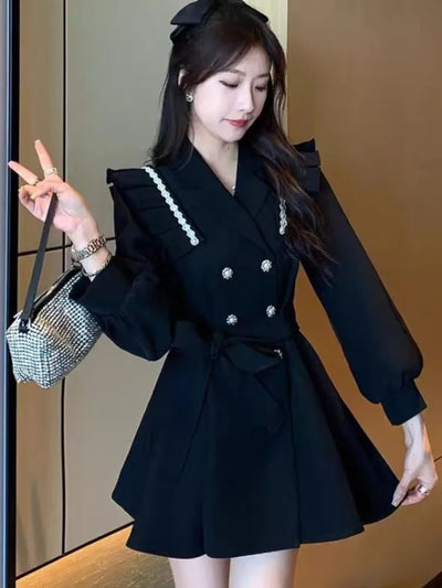 Autumn Elegant Blazer Dress for Women Female Double Breasted Solid A-line Evening Dresses Long Sleeve Female Casual Clothes 2024