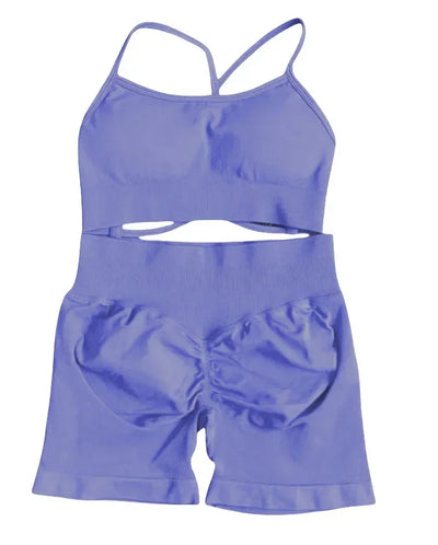 2025 Yoga High Quality Set Solid Color Women's Sports Hip Lift Shorts Cross Bra Shockproof Backrest Sling 2-piece Set Summer