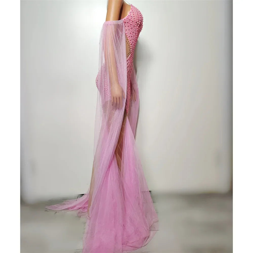 Pink Rhinestones Pearls Dress For Women