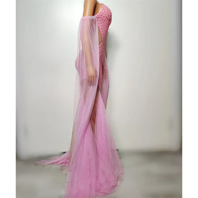 Pink Rhinestones Pearls Dress For Women