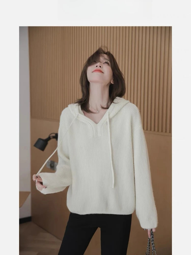 Hooded Sweater Women's Sweater 2025 Autumn and Winter New Fashion V-neck Loose Casual Solid Color Long-sleeved Knitted Top
