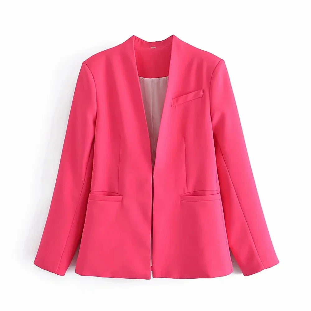 New Autumn Blazers Women Suit Coats Candy Color V Neck Long Sleeve Elegant Casual Jacktets