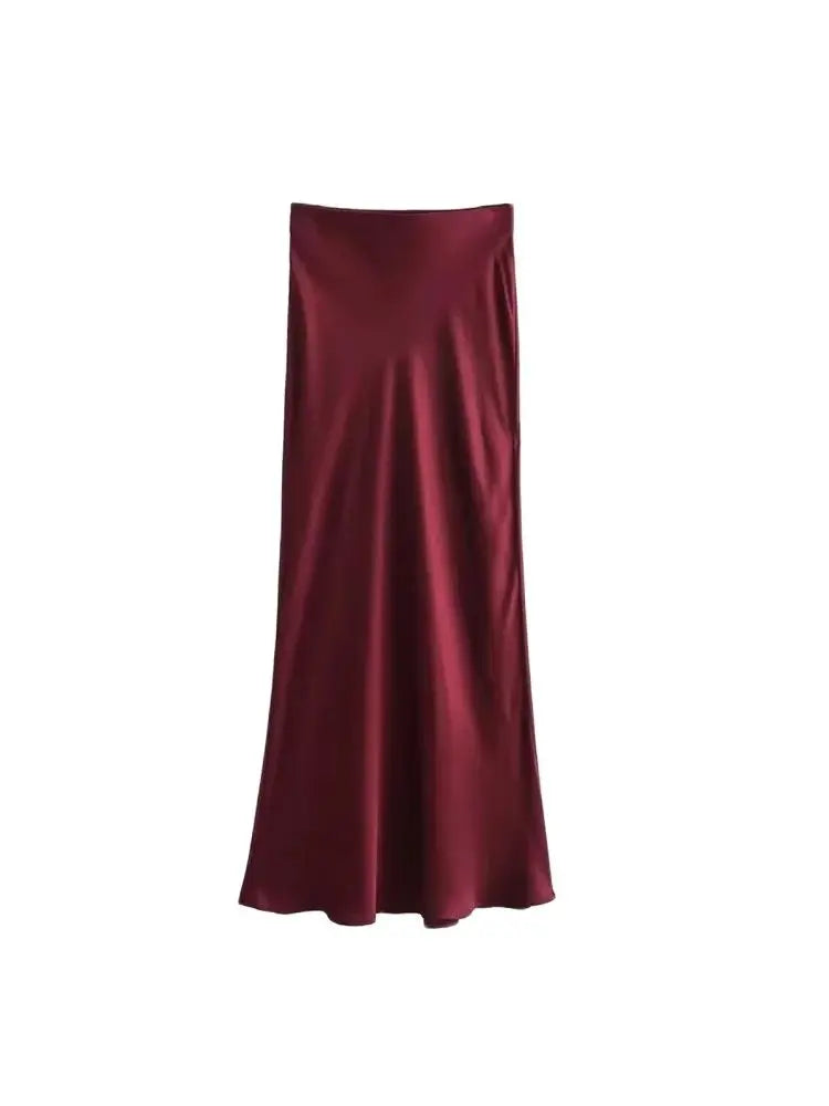 Women's Flowing Satin Midi Skirt, High Waist With Elastic Waistband, Female Skirts, Chic Fashion