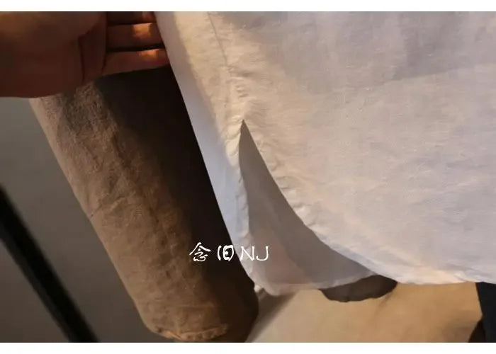 Cotton Linen Women Medium-Length White Polo Shirt