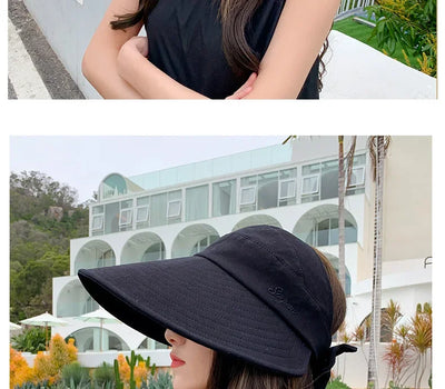 COKK Summer Hat Women Empty Top Foldable Sunhat Sunscreen Hats For Women Solid Color With Bow Ladies Hats Beach Cap Sun Hat