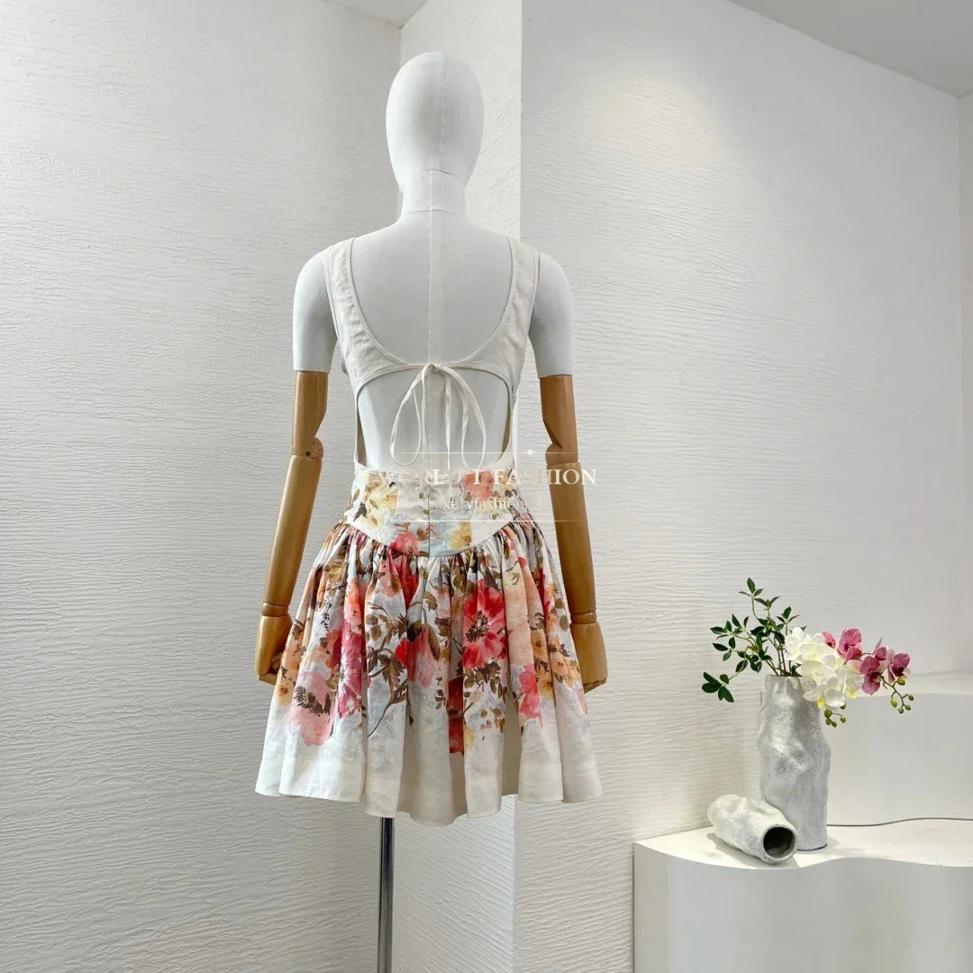 Linen 2025 Summer High Quality New Sleeveless White A-line Cut Out Floral Print Pleats Women Mini Dress