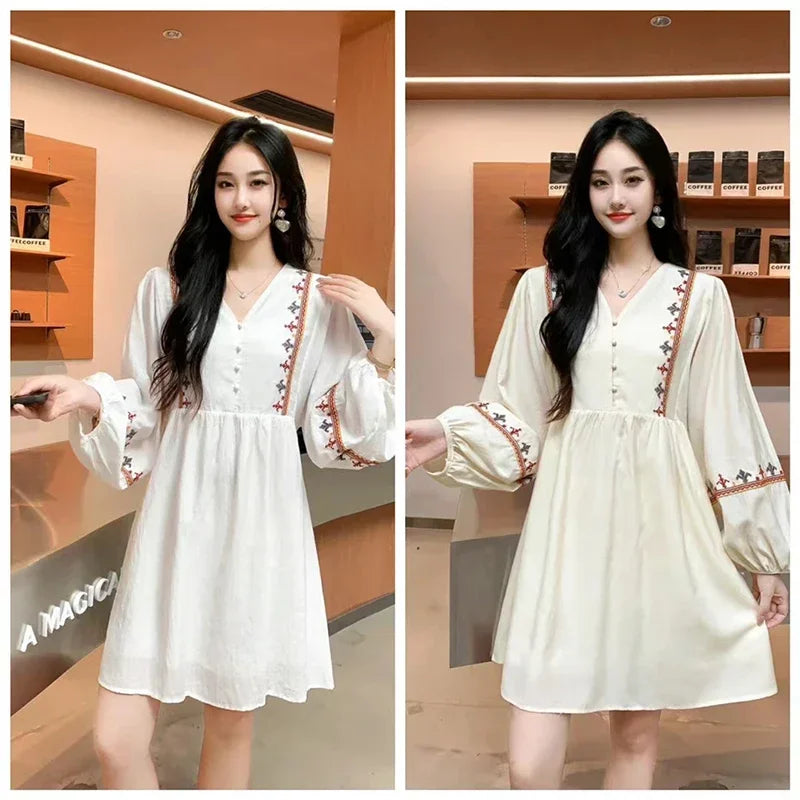 European American Style Women's New Cotton Linen 2024 Fashionable Lace Up Waist Slimming Patchwork Embroidered Short Dress A132