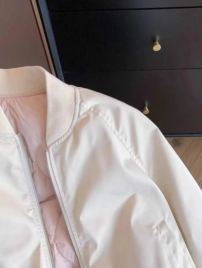 Bomber Jacket for Women Winter Zip-up White Plain Loose Baseball Aviator Coat