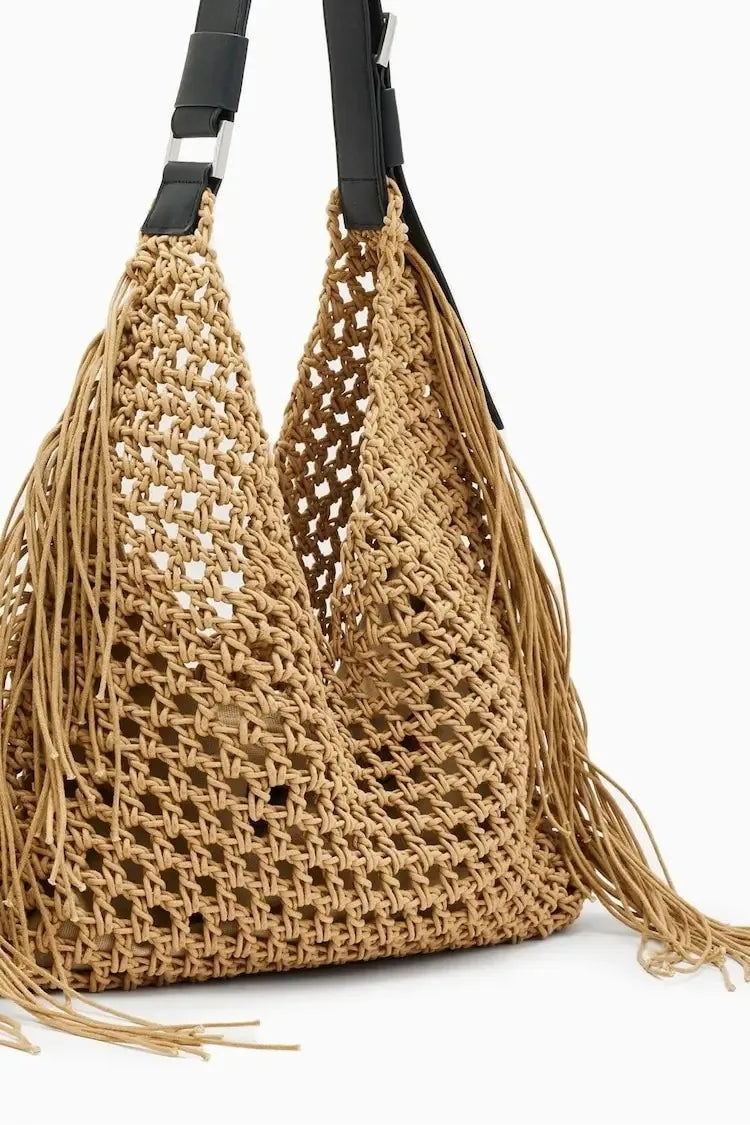 Designer luxury tote bag women 2025 new large capacity bohemian style beach handmade woven hollow out tassel shoulder