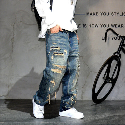 Mens Ripped Baggy Jeans Distressed Denim Streetwear Skateboard Pants Straight Leg Patchwork Oversized Urban Fashion Workwear