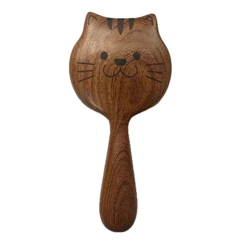 Wooden cat-shaped massage brush, sandalwood cartoon scalp meridian comb, wide-tooth meridian massage comb, soothing scalp