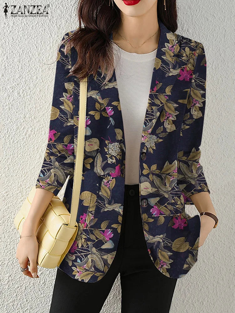 Women Autumn Blazer Retro Printed Coats Casual Long Sleeve Floral Outerwear ZANZEA Female Single Button Lapel Jackets Oversize