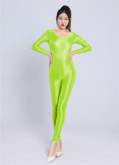 Women's Sexy Yoga Shaper Jumpsuit Dance SM Wear Oil Glossy High Elastic Long Sleeves Bodysuit Sheer Slip Satin Slimming Tights
