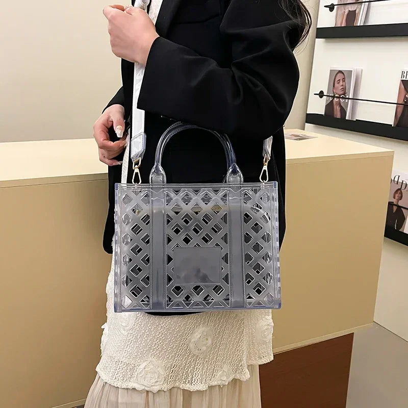 Designer Tote Bag For Women Brand Hollow Out Shoulder Bag 2025 New Travel Beach Handbag Purple Bag Fashion Shopper Purse