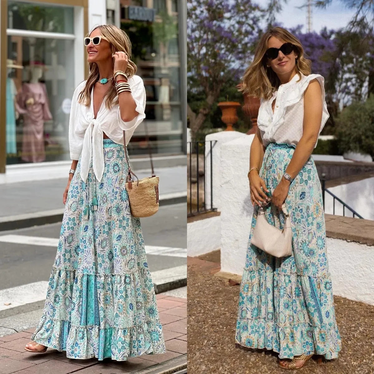 Bohemian Style Printed A-line Skirt Women Fashion Beach Vacation Loose Drawstring Ruffles Skirts Female  Summer New Streetwear