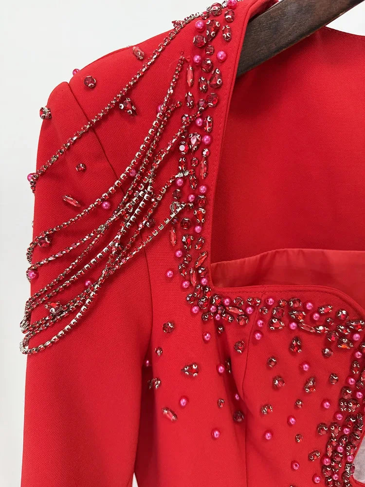 HIGH QUALITY Newest 2025 Designer Women's Slim Diamonds Beaded Long Sleeve Maxi Long Evening Dress