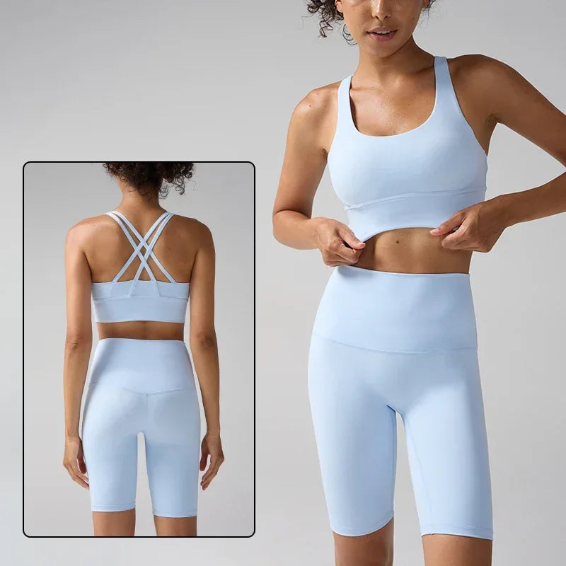 Women's 2 Piece Yoga Gym Sports Set Cross Back Bra Top & High Waist Shorts Fitness Running Workout Tracksuit👚