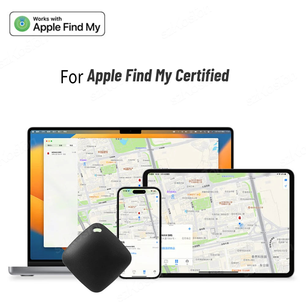 Sleek black Smart iTag tracker with rounded edges for Apple Find My app