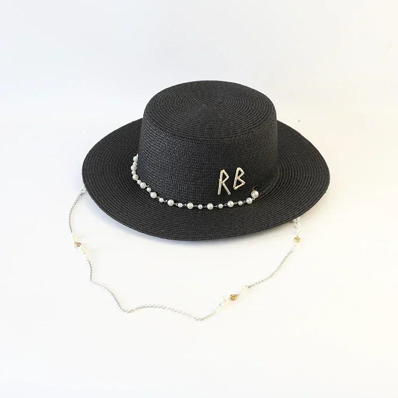 New women summer hats straw sun hat panama elegant fedoras lady girl outdoor vacation with pearl chain sunshade beach
