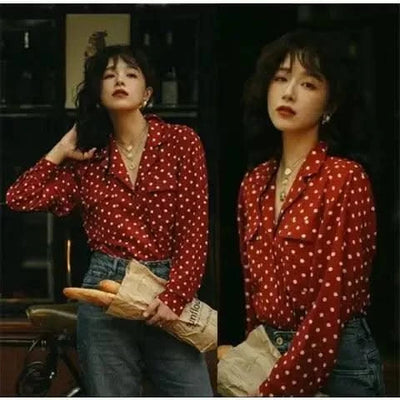Top V-neck Red Polka Dot Shirt for Women