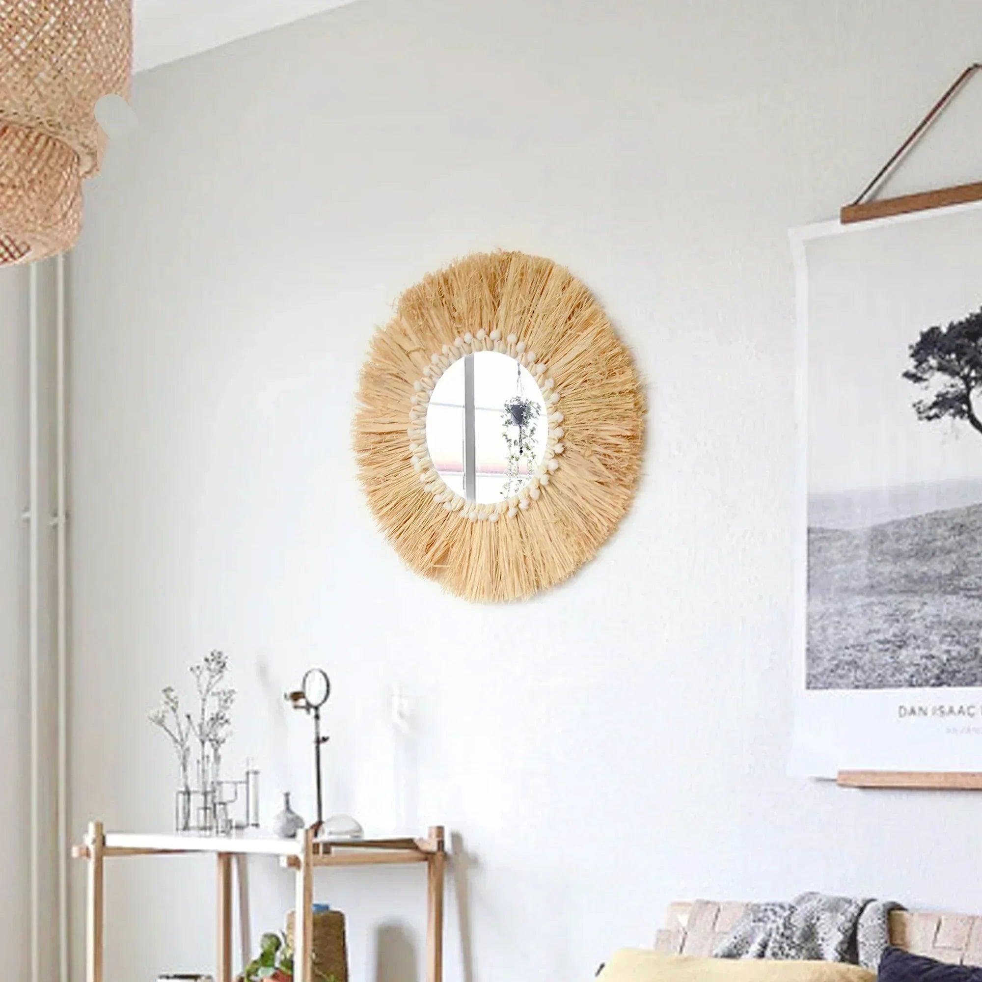 Boho home furnishing forest raffia decorative wall mirrors woven shell small yarn balltapestry living room decor mirror