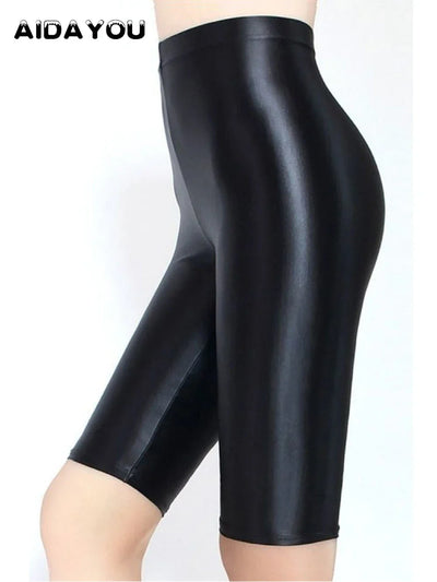 Stretchy Metallic Cropped Leggings Shorts Shiny Silver Basic High Waisted Leggings for Women Capri Yoga Bike