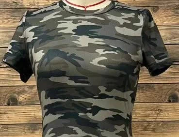 Camo Print Crew Neck Split Tunics Casual Short Sleeve Slim T-Shirt For Women