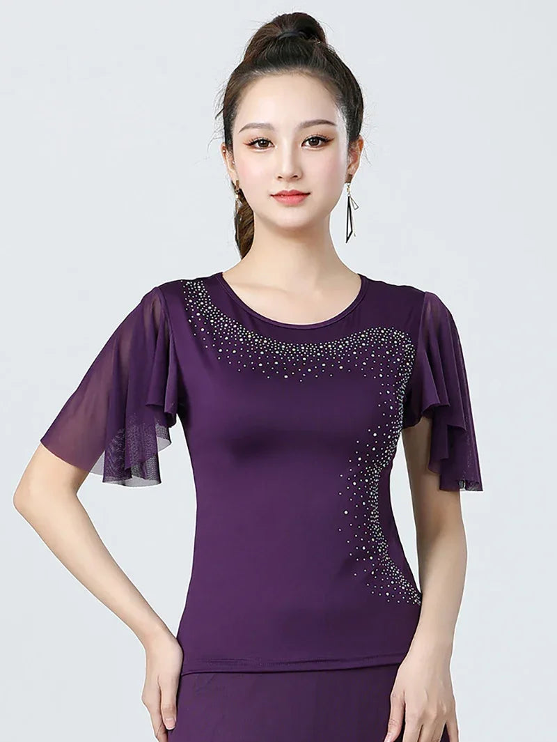 Adult Women Modern Dance Dress Social Dancewear Short Sleeve Mesh Fairy Top Large Swing Skirt Performance Dancing Costume