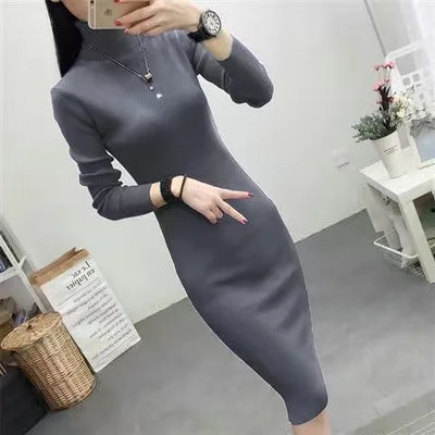 Fall Winter Turtleneck Slim Knit Dresses Women Casual Elegant Sweater Dress Korean Mid-length Soft Knitwear Vestidos Bottom Robe
